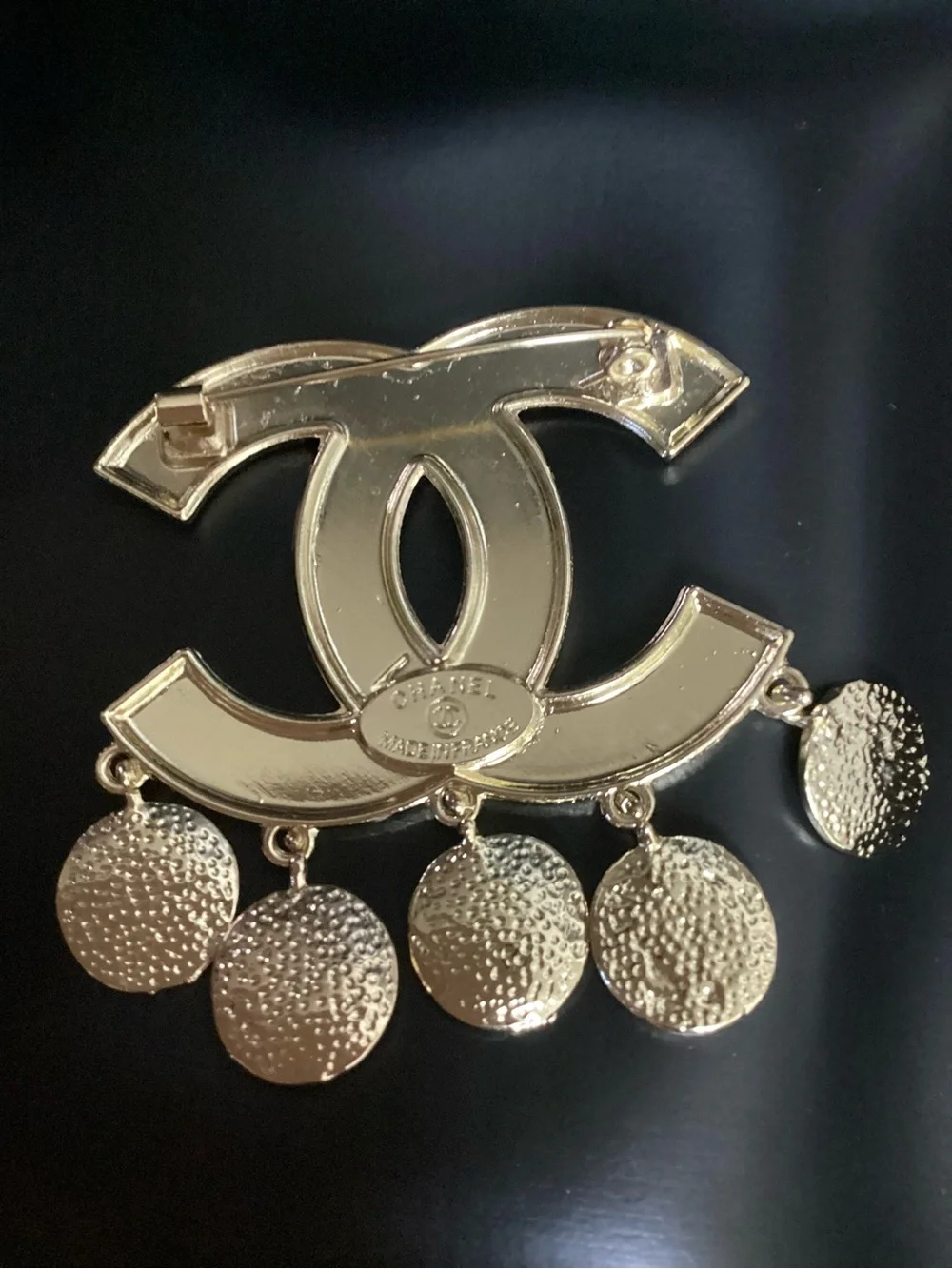 CHANEL Black and Gold CC Logo Charm Brooch